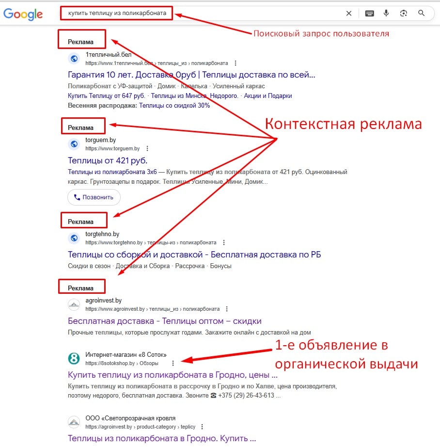Выдача Google по поисковому запросу